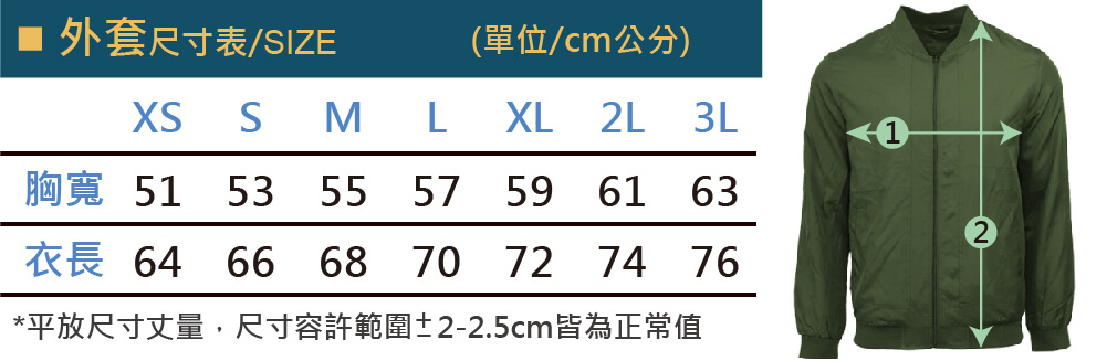 NHJ1200系列 經典MA-1飛行外套尺寸