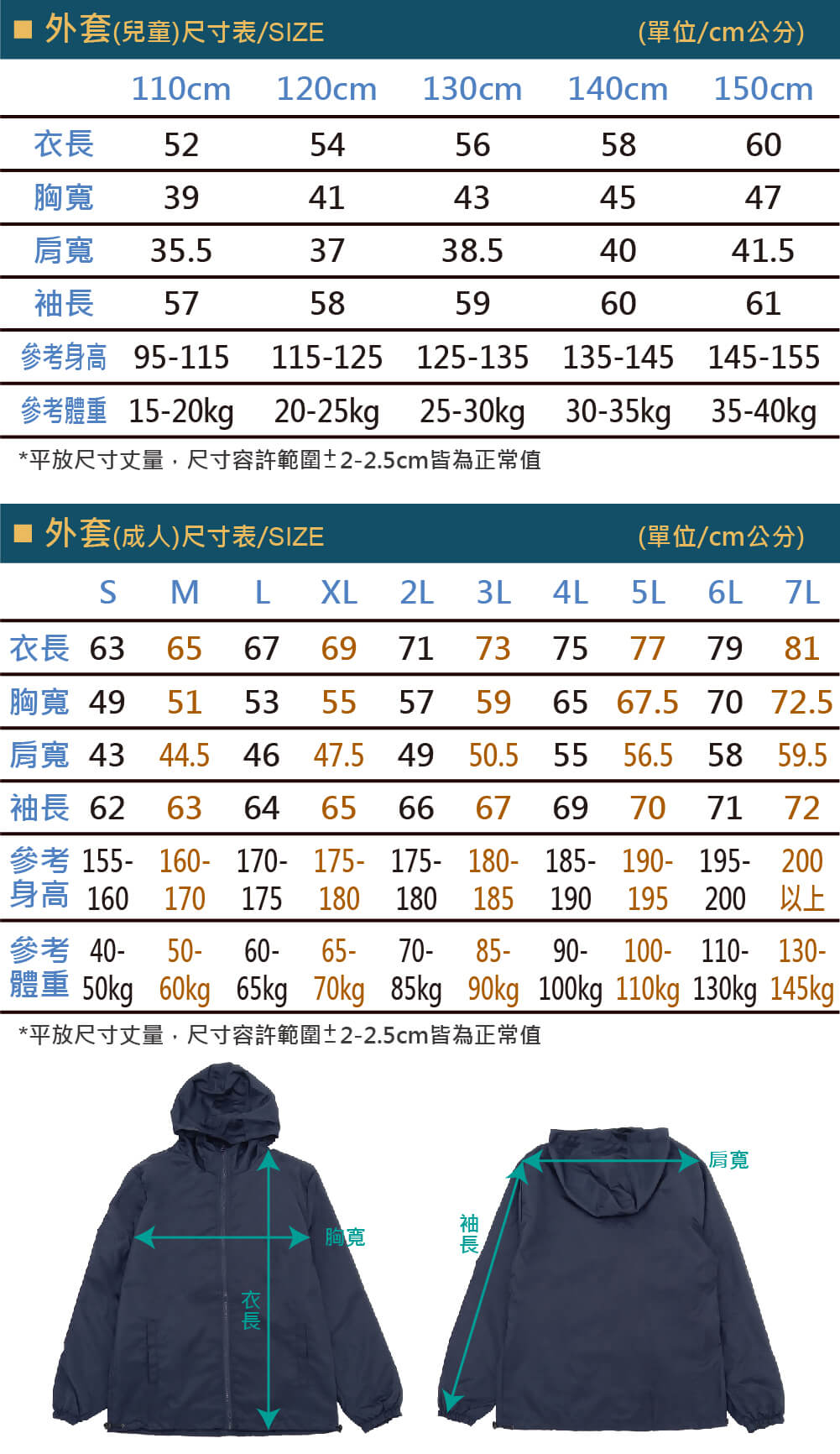 (預購款)親子連帽防風外套-尺寸